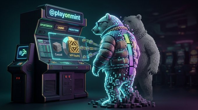 A digital illustration features a neon-lit, pixelated bear statue wearing a gold chain standing next to an arcade-style betting machine displaying '@playonmint', 'SMIT', and options like 'Casual' and 'VIP Equity'.
