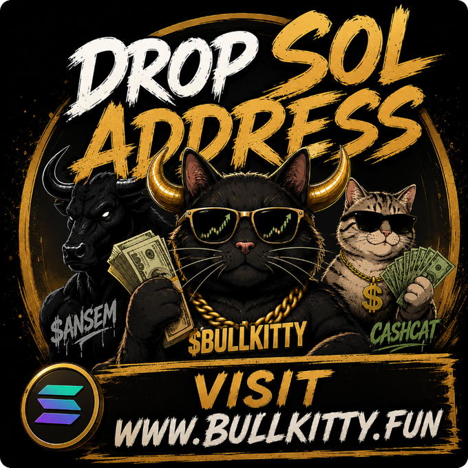 A promotional graphic featuring three mascot characters—a black bull labeled "$ANSEM," a black cat in sunglasses with a gold chain labeled "$BULLKITTY" holding cash, and a tabby cat with a dollar sign necklace labeled "CASHCAT"—along with the headline "DROP SOL ADDRESS" and the call-to-action "VISIT WWW.BULLKITTY.FUN" next to the Solana logo. The image directly illustrates the giveaway instructions, encouraging users to share their Solana wallet address to claim $BULLKITTY tokens.