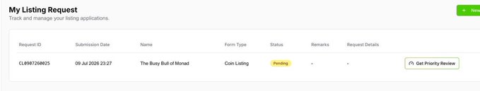 A 'My Listing Request' dashboard showing a pending coin listing application for 'The Busy Bull of Monad' with request ID CL8907260625.