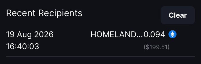 A "Recent Recipients" list shows a transaction dated 19 Aug 2026 at 16:40:03 from "HOMELAND..." for 0.094 ETH (worth $199.51), aligning with the post celebrating winning $200.