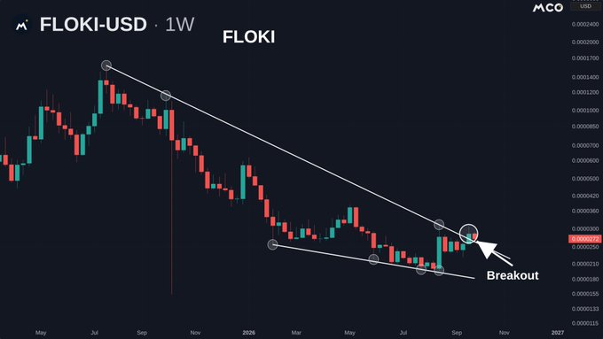 A FLOKI/USD weekly chart shows the cryptocurrency breaking out of a 14-month falling wedge pattern, with price action consolidating between descending trendlines before surging above resistance near $0.0000285, as highlighted by a "Breakout" annotation and white arrow.