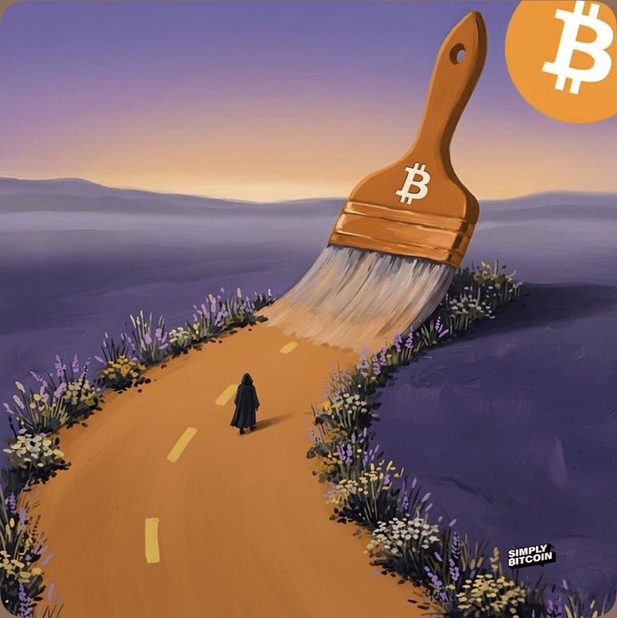 An illustration showing a figure walking on an orange path being painted by a giant brush, with Bitcoin logos and the text 'SIMPLY BITCOIN'.