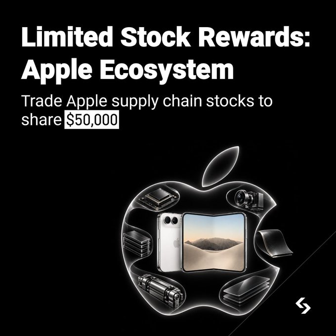 A promotional graphic advertises "Limited Stock Rewards: Apple Ecosystem" with text stating "Trade Apple supply chain stocks to share $50,000" above an Apple logo filled with tech products.