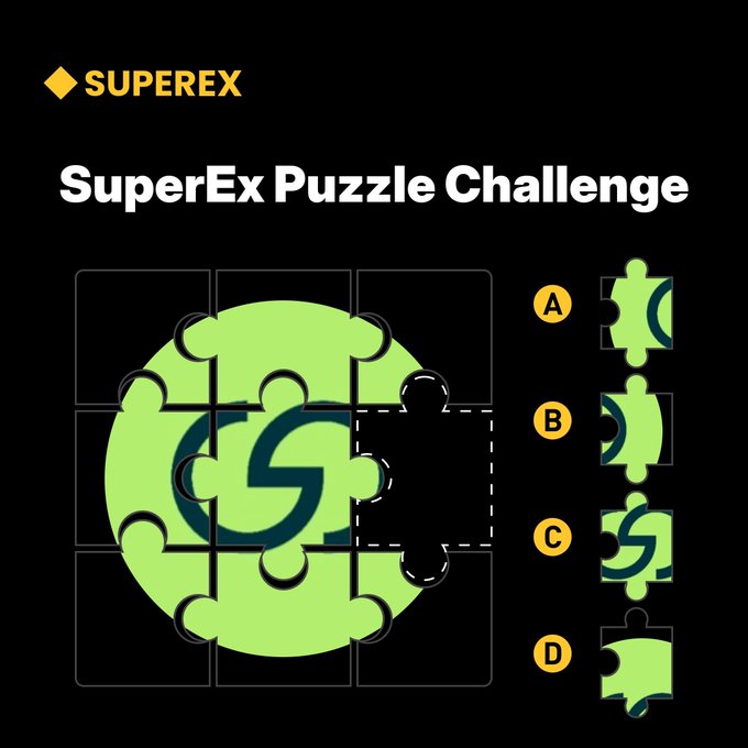 A SuperEx Puzzle Challenge graphic displays a 3x3 grid featuring the SuperEx logo with one missing piece, alongside four multiple-choice options (A, B, C, D) for viewers to guess the correct tile to win 5 USDT. The promotional contest encourages participants to follow @SuperEx_Vietnam and @superex on social media between 24/08/2026 and 27/08/2026.