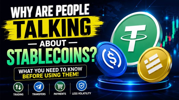 The image is a thumbnail-style graphic titled "WHY ARE PEOPLE TALKING ABOUT STABLECOINS? WHAT YOU NEED TO KNOW BEFORE USING THEM!" featuring 3D renderings of Tether (USDT), USDC, and Solana coins alongside icons for trading, transfers, payments, and less volatility, visually reinforcing the post's focus on the growing importance of stablecoins in crypto conversations.