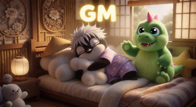 The image features two stuffed animals, one green and one white, sitting together on a bed with a pillow. The green animal has a pink nose and is wearing a purple shirt while the white animal has a red nose and is wearing a blue shirt. In front of them, there's a lamp that says "GAM" written in yellow letters.