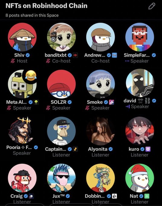 A Twitter/X Space titled 'NFTs on Robinhood Chain' shows 8 posts shared, with Shiv as Host, banditxbt and Andrew... as Co-hosts, and various speakers and listeners including SOLZR, Smoke, Meta AI, and others with anime-style avatars.