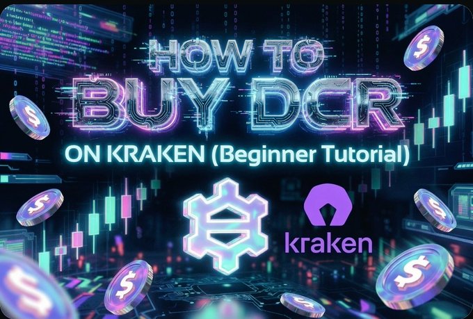 The image features a poster with a graphic design of a city skyline, surrounded by various coins scattered throughout the scene. The text "How To Buy DCR On kraken (Beginner Tutorial)" is written above the cityscape, indicating that this tutorial is related to buying and trading Decred cryptocurrency using the kraken platform.