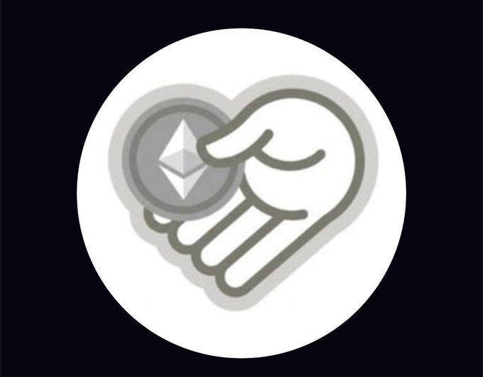 A minimalist grayscale illustration of a hand holding an Ethereum coin inside a white circle on a black background.