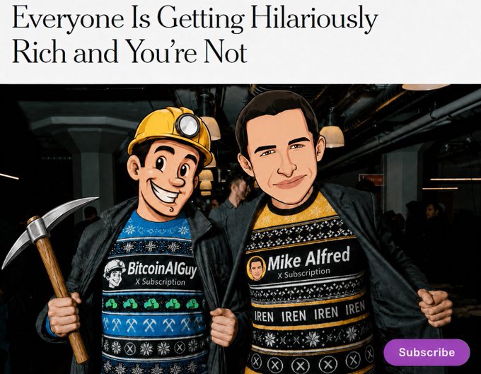 The image is a thumbnail titled "Everyone Is Getting Hilariously Rich and You're Not," featuring two cartoon-style characters in ugly Christmas sweaters—one labeled "BitcoinAIGuy X Subscription" holding a pickaxe, and the other labeled "Mike Alfred X Subscription" with "IREN IREN IREN" displayed below. It ties to the post "THE BULLS ARE BACK @mikealfred" by promoting Mike Alfred's bullish market commentary and subscription service, with a "Subscribe" button in the corner.