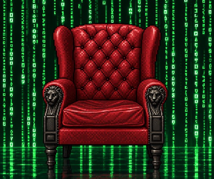 An ornate red tufted leather armchair with carved wooden lion accents sits against a backdrop of green digital code.