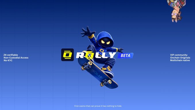 A promotional banner for 'ROLLY BETA' featuring a blue hooded ninja character skateboarding, with text highlighting features like 'ZK-verifiable,' 'Non-Custodial Access,' 'No-KYC,' 'VIP community,' 'Onchain Originals,' 'Multichain native,' and the tagline 'First casino that can prove it has nothing to hide.'