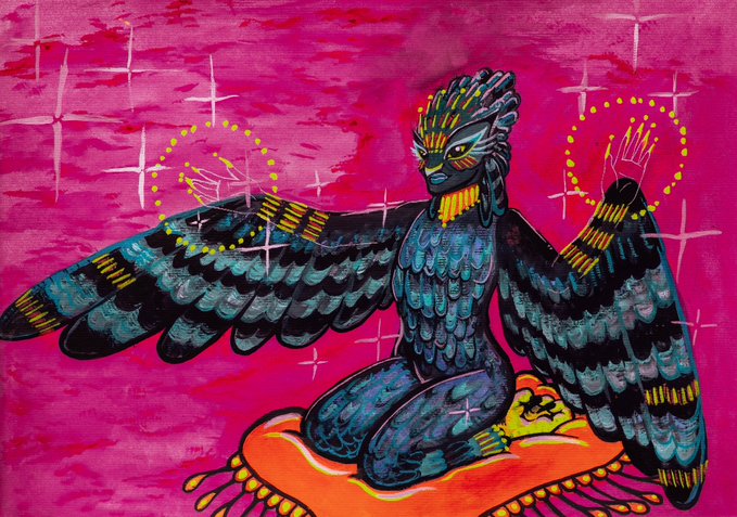 The artwork features a vibrant depiction of Apacanim Qwenn, a winged sorceress figure with outstretched wings and golden wrist cuffs, kneeling on an orange cushion against a striking pink star-speckled background. The piece visually embodies the accompanying description of a "witch of the skies" and "sorceress lady of the winds," capturing her mystical, youthful, and untamed essence.