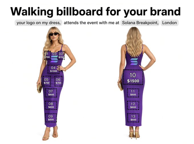 An advertisement titled "Walking billboard for your brand" offering slots on a purple dress at Solana Breakpoint in London, with pricing from $600 to $1500 for 13 available logo spots.