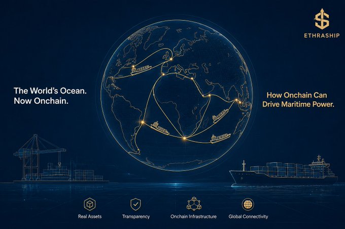 A promotional graphic for 'ETHRASHIP' featuring a globe with shipping routes connecting ports, accompanied by the text 'The World's Ocean. Now Onchain.' and 'How Onchain Can Drive Maritime Power', with icons for 'Real Assets', 'Transparency', 'Onchain Infrastructure', and 'Global Connectivity'.