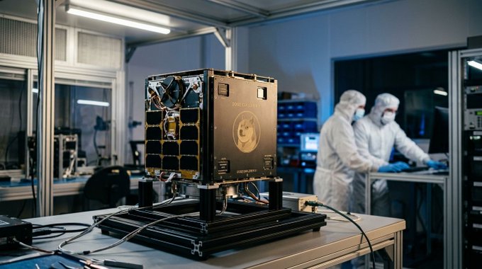 A satellite or CubeSat on a testing platform in a cleanroom, with two technicians in white cleanroom suits working in the background.