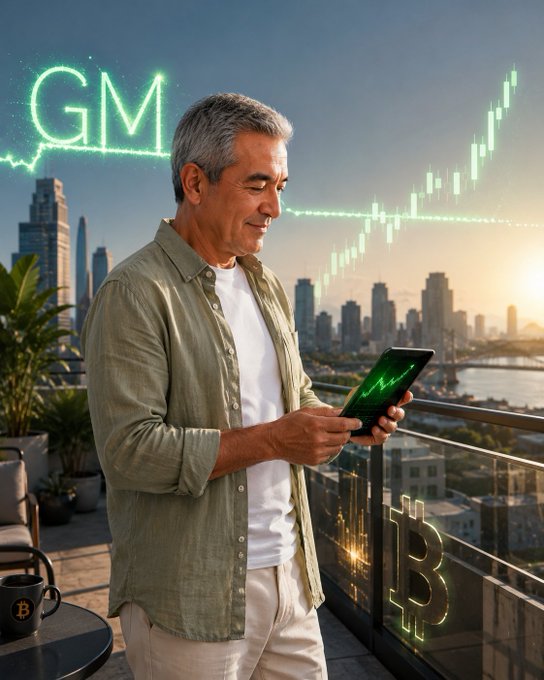 A digitally generated image of a smiling gray-haired man on a balcony overlooking a cityscape, holding a tablet showing a green chart, with a glowing 'GM' sign, a Bitcoin symbol, and a stock chart overlay.