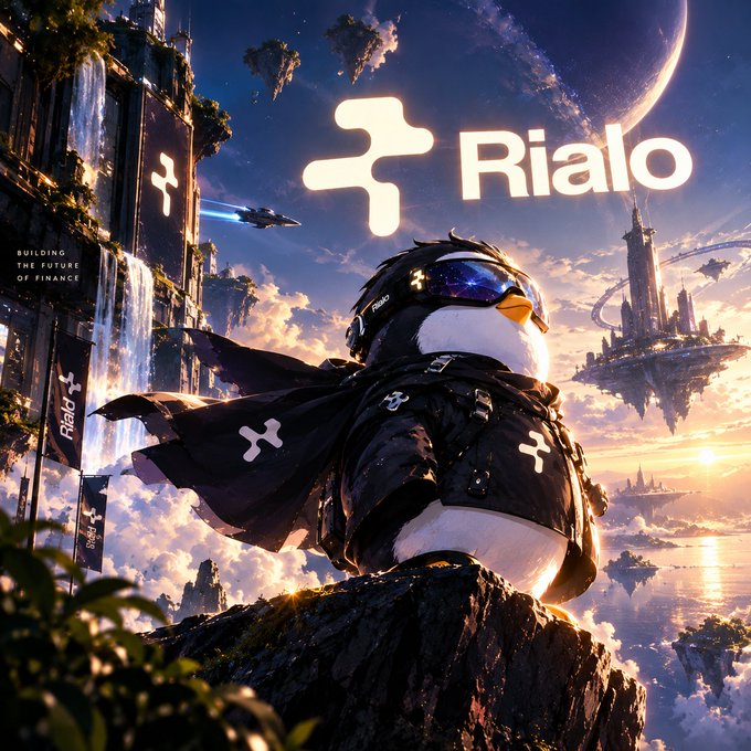 A promotional image for 'Rialo' featuring a penguin mascot in a black jacket and goggles standing on a cliff, with floating islands, spaceships, and the tagline 'BUILDING THE FUTURE OF FINANCE' in the background.