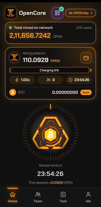 A screenshot of the OpenCore mobile mining app showing a mining balance of 110.0928 OPEN, total network mined of 2,11,656.7242 OPEN with 4761 users, and a session timer at 23:54:26.