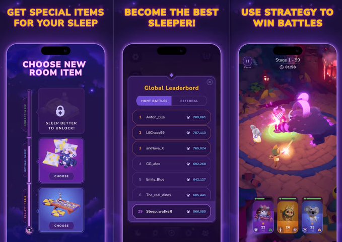 Promotional screenshots for a mobile sleep app showing three screens: 'Get special items for your sleep' with room item selection, 'Become the best sleeper' featuring a global leaderboard (Anton_zila ranked #1), and 'Use strategy to win battles' showing a battle game with bear characters.