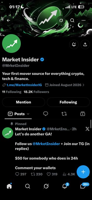 A screenshot of an X (Twitter) profile for 'Market Insider' (@MrketInsider1) with a pinned post offering $50 to someone who completes a task within 24 hours.