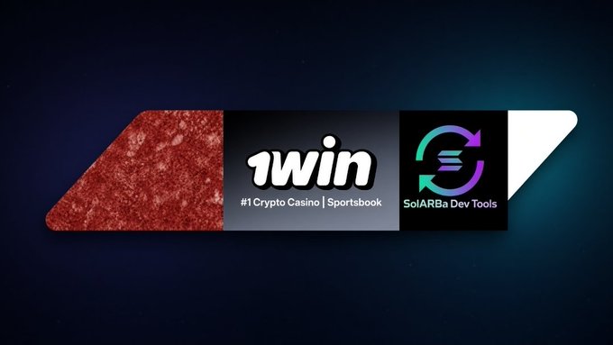 The image shows a partnership banner featuring "1win" labeled as the "#1 Crypto Casino | Sportsbook" alongside the "SolarBa Dev Tools" logo with its colorful circular arrow emblem, set against a dark background with red textured accents, visually representing the collaboration highlighted in the post about 1win's $16,276 contribution to the $166,946.50 raised for Nepal flood relief.