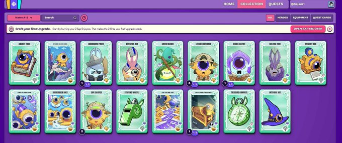 A game collection interface on the Sepelcth (Sepolia Testnet) showing various NFT cards including 'Arcane Tome', 'El Dorado', and 'Wishing Well', with a prompt to 'Craft your first Upgrade' and an 'OPEN SAP ENJOYER' button.