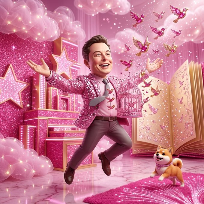 This image depicts a caricature of Elon Musk in a sparkly pink suit, releasing pink birds from a cage in a vibrant, pink metaverse setting, complete with a Shiba Inu. The imagery of a metaverse and the mention of "$BDEM" from the post allude to the commercialization and potential absurdity of online spaces.