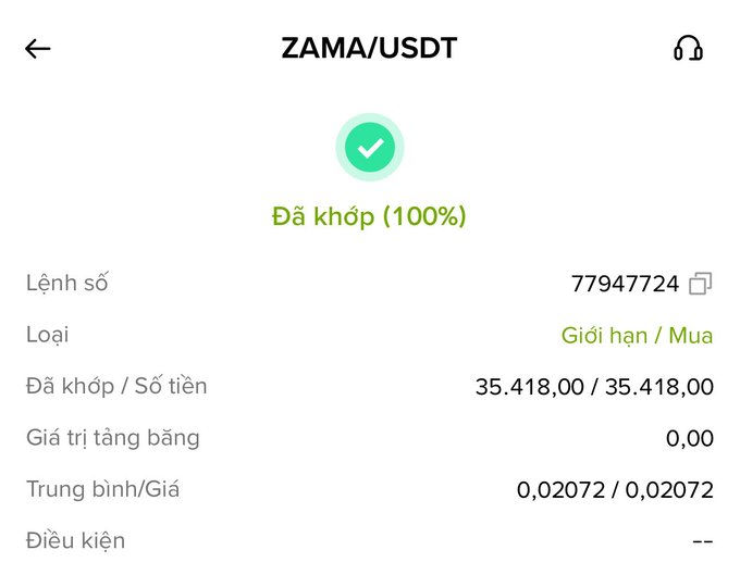 A Binance order confirmation screen showing a filled 100% limit buy order for ZAMA/USDT, with order #77947724 matching 35,418.00 / 35,418.00 at an average price of 0.02072, reflecting the post's lament about buying at the top around $0.02.