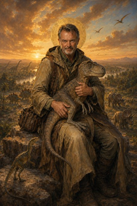 A detailed, realistic painting portrays a rugged, older man with a halo, resembling a saint, sitting in a prehistoric landscape and tenderly holding a baby velociraptor dinosaur, with other dinosaurs and pterodactyls in the background at sunset.