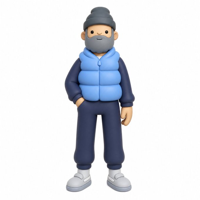 A 3D-rendered cartoon figurine of a bearded man wearing a dark blue tracksuit, light blue puffer vest, gray beanie, and white sneakers stands against a white background, fitting the request to stop creating more doodle-style toy designs.