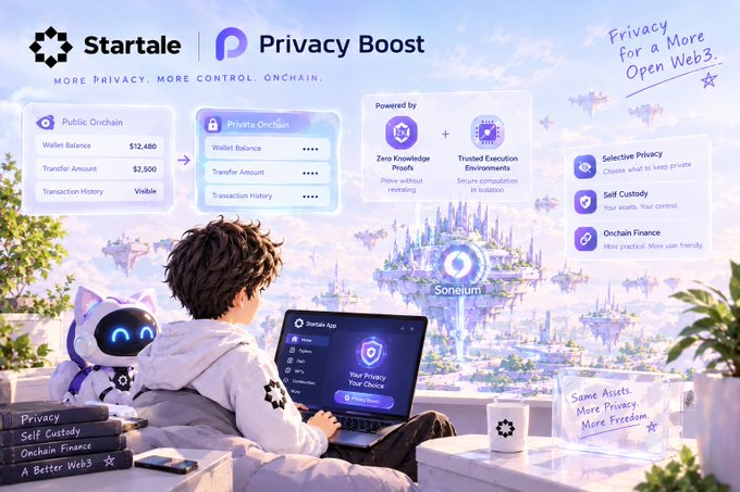 An infographic for 'Startale | Privacy Boost' illustrates a comparison between 'Public Onchain' and 'Private Onchain' features, with a person using a laptop showing the Startale App interface.