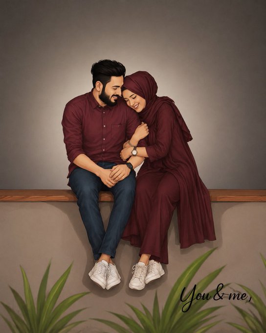 An illustrated digital portrait of a couple sitting together, with the woman wearing a maroon hijab and dress leaning on the man who wears a matching maroon shirt and jeans, with 'You & me' written in the bottom right corner.