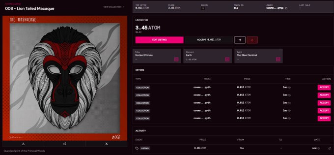 A screenshot of an NFT marketplace listing for '008 - Lion Tailed Macaque' priced at 3.45 ATOM, showing a stylized illustration of a monkey with a red and black face.