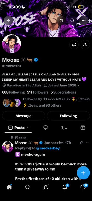 An X (Twitter) profile for user @mosexbt displaying the name 'Moose,' with bio text 'ALHAMDULILLAH | I RELY ON ALLAH IN ALL THINGS | KEEP MY HEART CLEAN AND LOVE WITHOUT HATE,' and a pinned post mentioning '$20K'.
