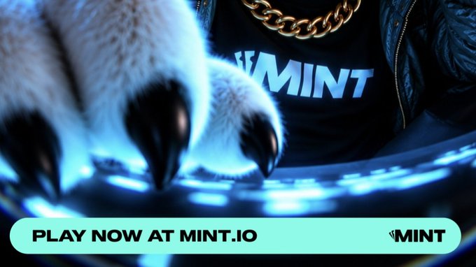An advertisement showing paw-like claws on a glowing blue keyboard with a gold chain and "MINT" shirt, featuring text "PLAY NOW AT MINT.IO".