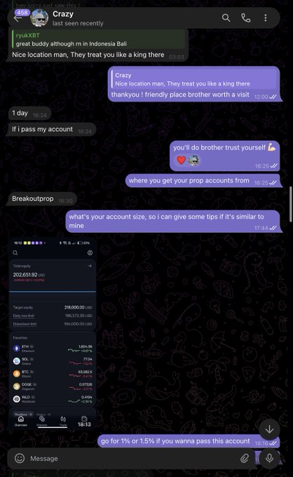 A Telegram chat screenshot shows a user offering to sell a prop trading account with $202,693.92 USD balance, requesting 1% or 1.5% to transfer ownership.