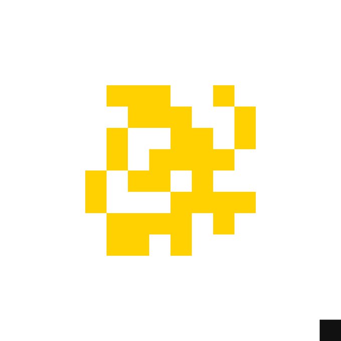 A simple pixel art design featuring a yellow smiley face pattern made of blocky squares on a white background.
