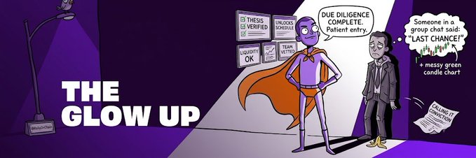 A comic-style illustration titled 'THE GLOW UP' showing a purple character in a superhero cape reporting 'DUE DILIGENCE COMPLETE' to a businessperson, with screens displaying 'THESIS VERIFIED', 'TEAM VETTED', and 'LIQUIDITY OK'.