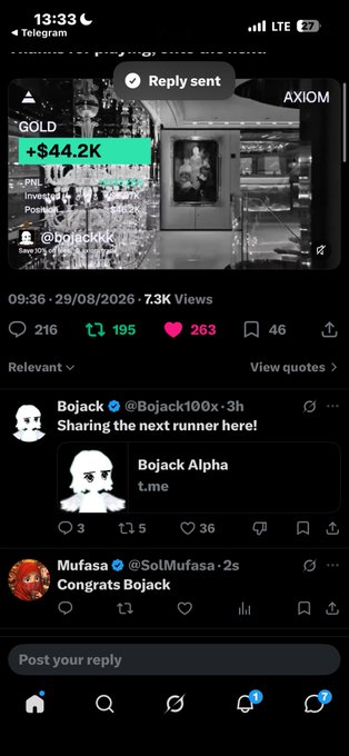 A Telegram screenshot displays crypto-related posts including a "+$44.2K" profit on GOLD, a tweet by Bojack (@Bojack100x) sharing "Bojack Alpha t.me", and a congratulatory reply from Mufasa (@SolMufasa).