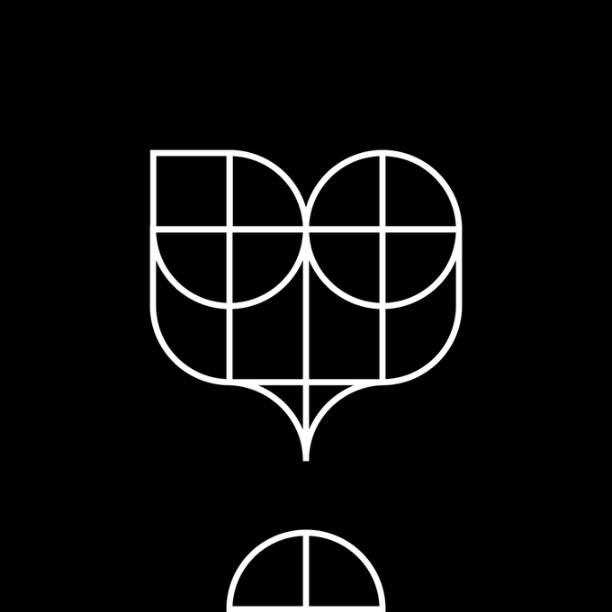A minimalist black and white logo featuring a geometric design that resembles a stylized owl or symmetrical abstract emblem made of white lines on a black background.