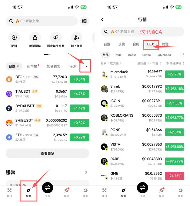 A two-panel OKX App screenshot shows how to navigate from “探索” (Explore) to “行情” → “DEX” and filter the network to “Robinhood,” where tokens such as microduck, Shrek, ICOIN, ROBLOXIANS, PONS, VISTA, PARE, and GME are listed with prices and percentage changes. It illustrates the post’s claim that OKX DEX can be used to buy and sell Robinhood Chain tokens gas-free, avoiding repeated “2U” losses.