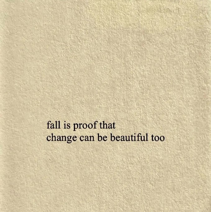 A minimalist graphic features the text 'fall is proof that change can be beautiful too' on a textured beige background.