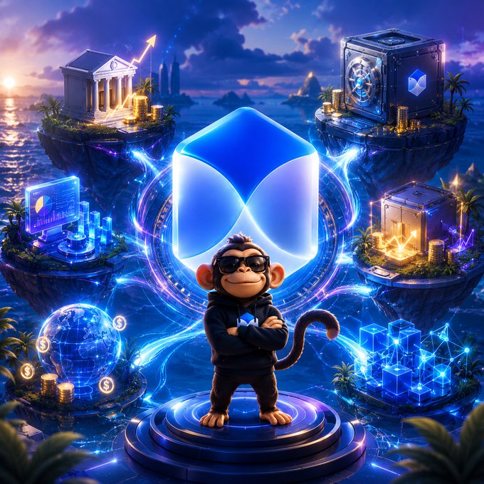 The image features a cartoon monkey standing on a platform, wearing sunglasses and holding a blue cube above its head. The monkey appears to be in a futuristic setting with various objects such as a globe, a building, and a boat floating around it. The background of the image is filled with blue lights that create an otherworldly atmosphere.

The post seems to be discussing the concept of TermMaxFi, which is a platform focused on capital markets. It highlights how TermMaxFi is not just about staying a one-feature protocol but rather building its identity around capital itself. The post emphasizes that TermMaxFi focuses on projects that find success in capital markets and offers various services related to lending and borrowing.