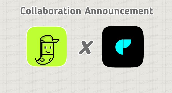 Collaboration Announcement graphic showing the CloudQuest pixel character logo and the Pocket logo side by side with an 'X' between them.