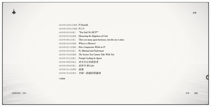 A minimalist web page from BARENOHQ, INC. displays a chronological list of titles and dates, including 'Pi Durable', 'Pi 1.0', 'You Said No MCP?', and 'Measuring the Slowness of Code'.