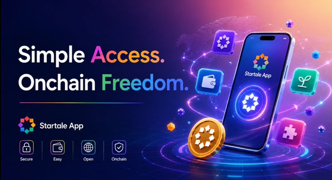 A promotional graphic for 'Startale App' featuring the tagline 'Simple Access. Onchain Freedom.' with icons representing Secure, Easy, Open, and Onchain features alongside a smartphone displaying the app.