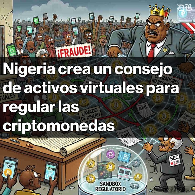 A Spanish-language illustration titled 'Nigeria crea un consejo de activos virtuales para regular las criptomonedas' depicting a cartoon king overseeing crypto regulations with crowds holding phones and signs reading 'FRAUDE!'.