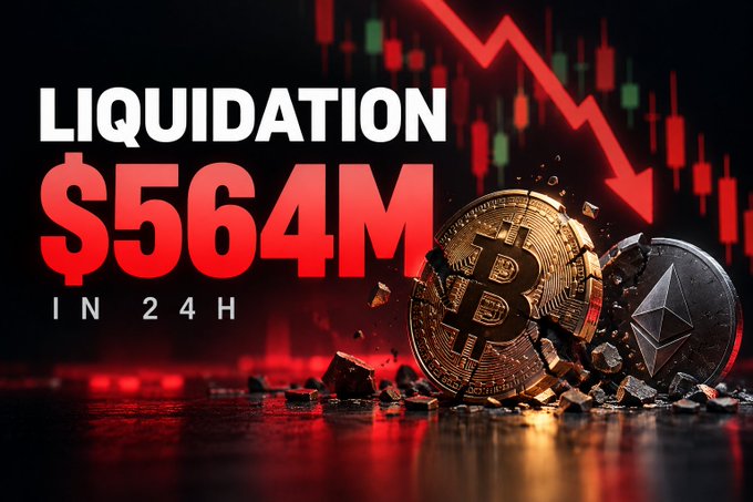 A dramatic graphic displays 'LIQUIDATION $564M IN 24H' alongside falling red price bars, a downward arrow, and breaking Bitcoin and Ethereum coins.