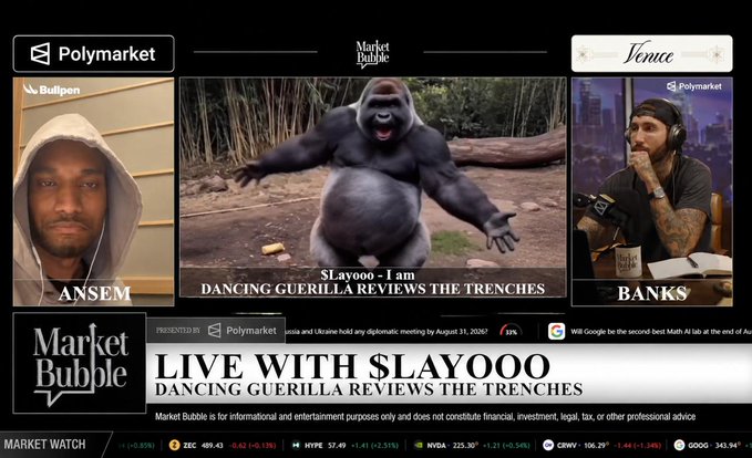 A livestream broadcast titled 'LIVE WITH SLAYOOO DANCING GUERILLA REVIEWS THE TRENCHES' shows hosts Ansem and Banks flanking a central video of a gorilla, under the banners 'Polymarket' and 'Market Bubble'.